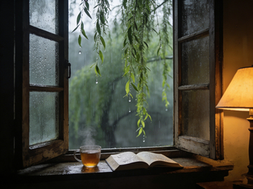雨中窗台读书时光