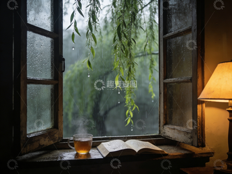 高清大图下载【趣麦麦图】雨中窗台读书时光