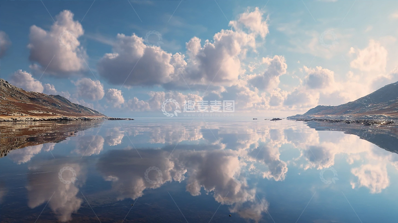 高清大图下载【趣麦麦图】云影倒映在静谧湖面