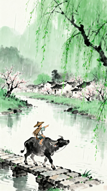 水墨画春雨牧童牛过河
