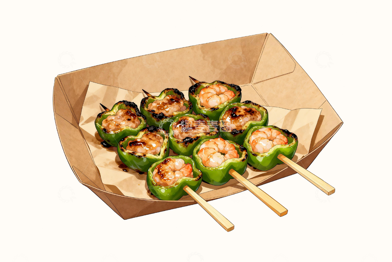 源文件下载【趣麦麦图】漫画日式烤青椒虾滑串2