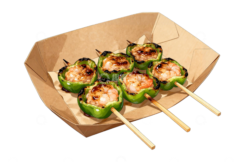 源文件下载【趣麦麦图】漫画日式烤青椒虾滑串4