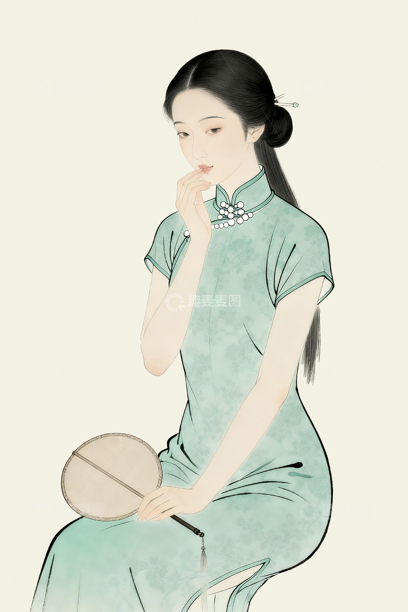 源文件下载【趣麦麦图】新中式工笔画民国旗袍美人2