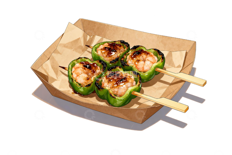 源文件下载【趣麦麦图】漫画日式烤青椒虾滑串1