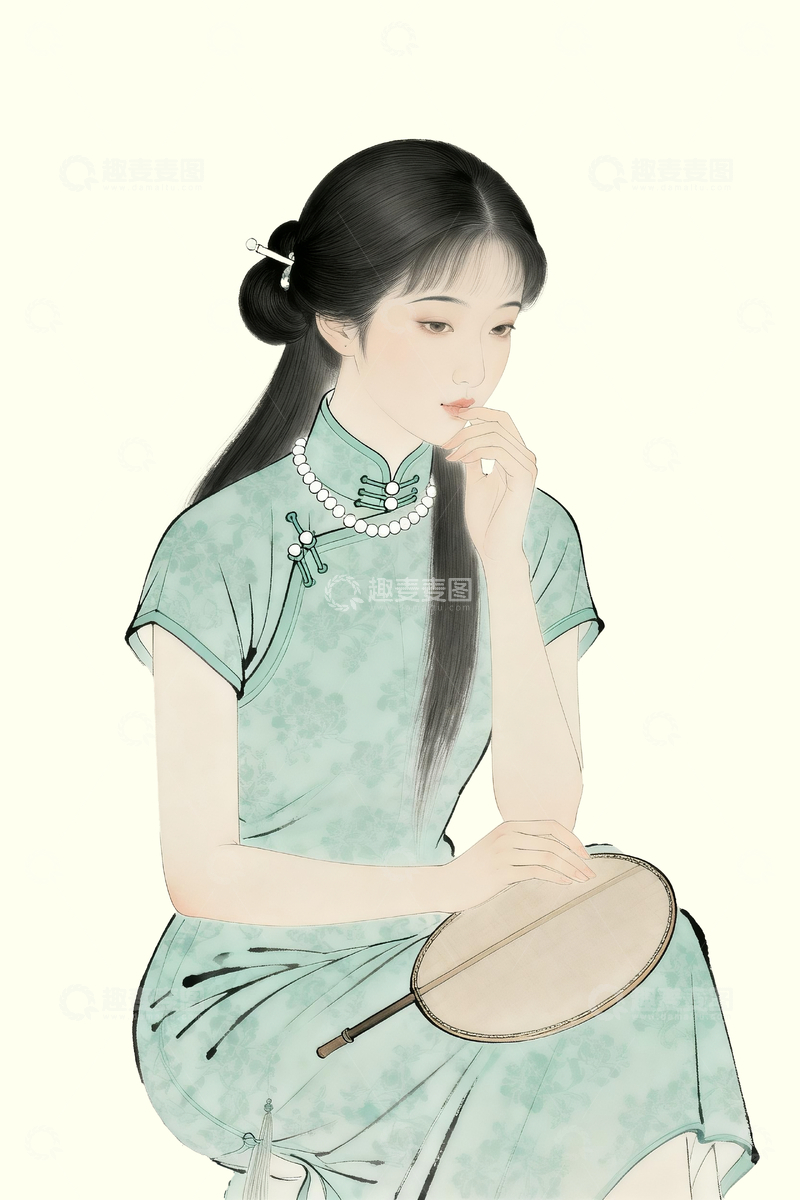 源文件下载【趣麦麦图】新中式工笔画民国旗袍美人1
