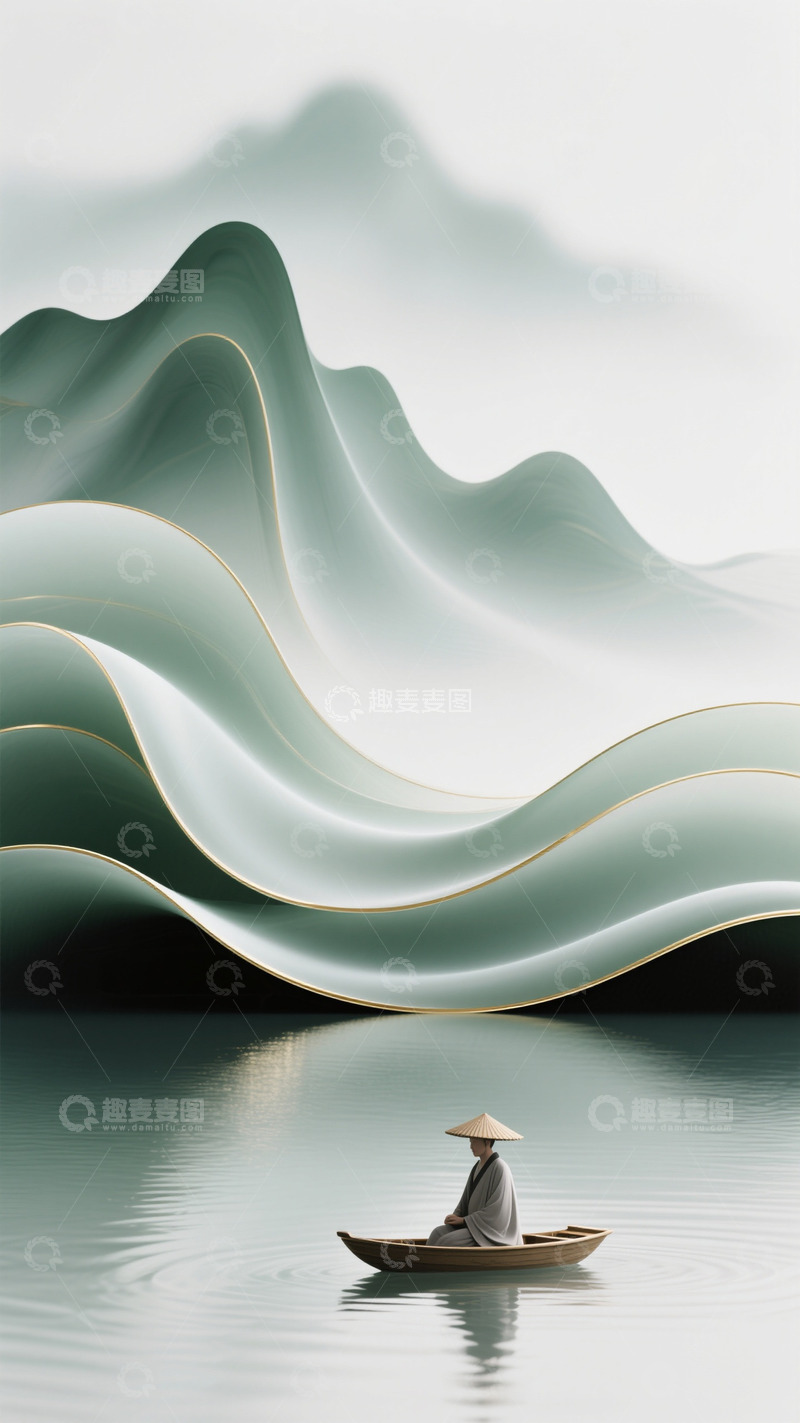 高清大图下载【趣麦麦图】水墨山水小舟风景画