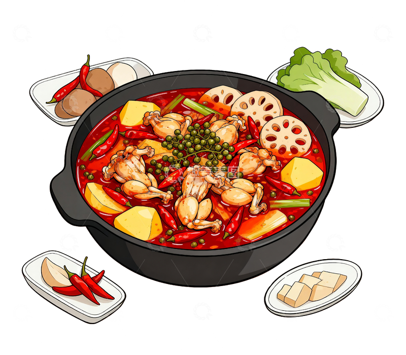 源文件下载【趣麦麦图】卡通美食麻辣牛蛙火锅1
