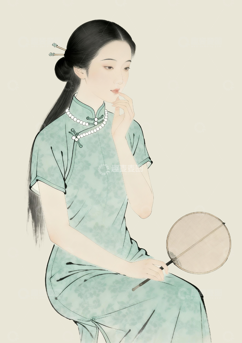 源文件下载【趣麦麦图】新中式工笔画民国旗袍美人4