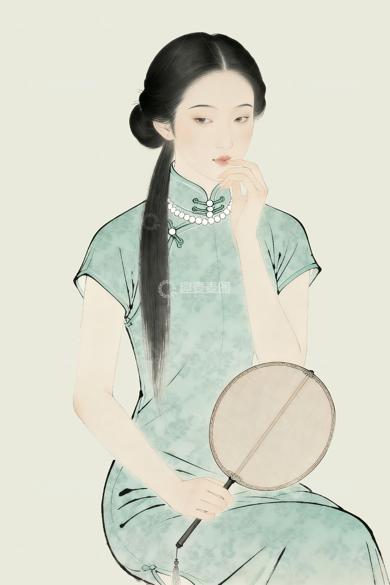 源文件下载【趣麦麦图】新中式工笔画民国旗袍美人3