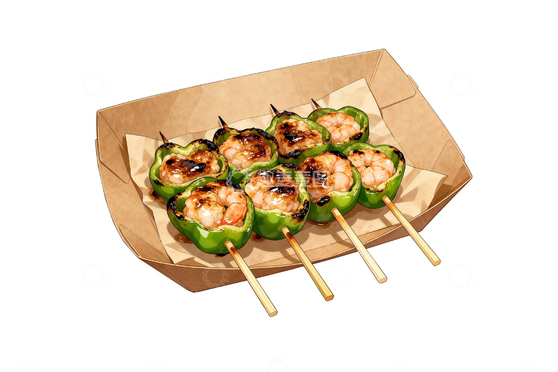 源文件下载【趣麦麦图】漫画日式烤青椒虾滑串3