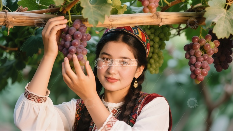 高清大图下载【趣麦麦图】田园风情葡萄采摘美女写真少数民族广告背景