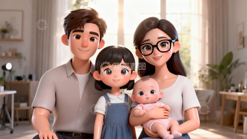 高清大图下载【趣麦麦图】温馨家庭卡通合影动画场景