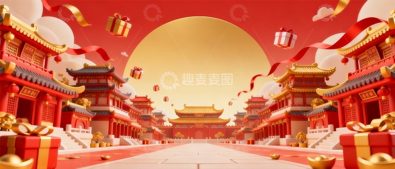 高清大图下载【趣麦麦图】喜庆春节古城礼盒场景
