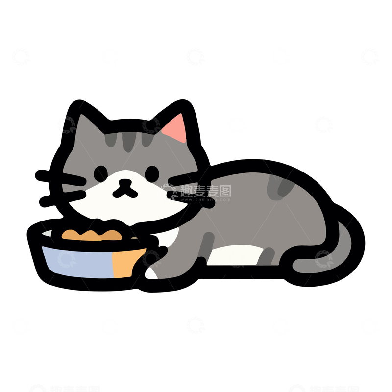 源文件下载【趣麦麦图】卡通灰猫进食插画