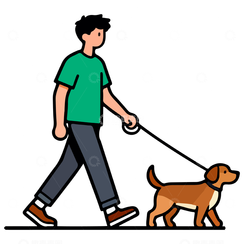 源文件下载【趣麦麦图】卡通风男子遛狗矢量图