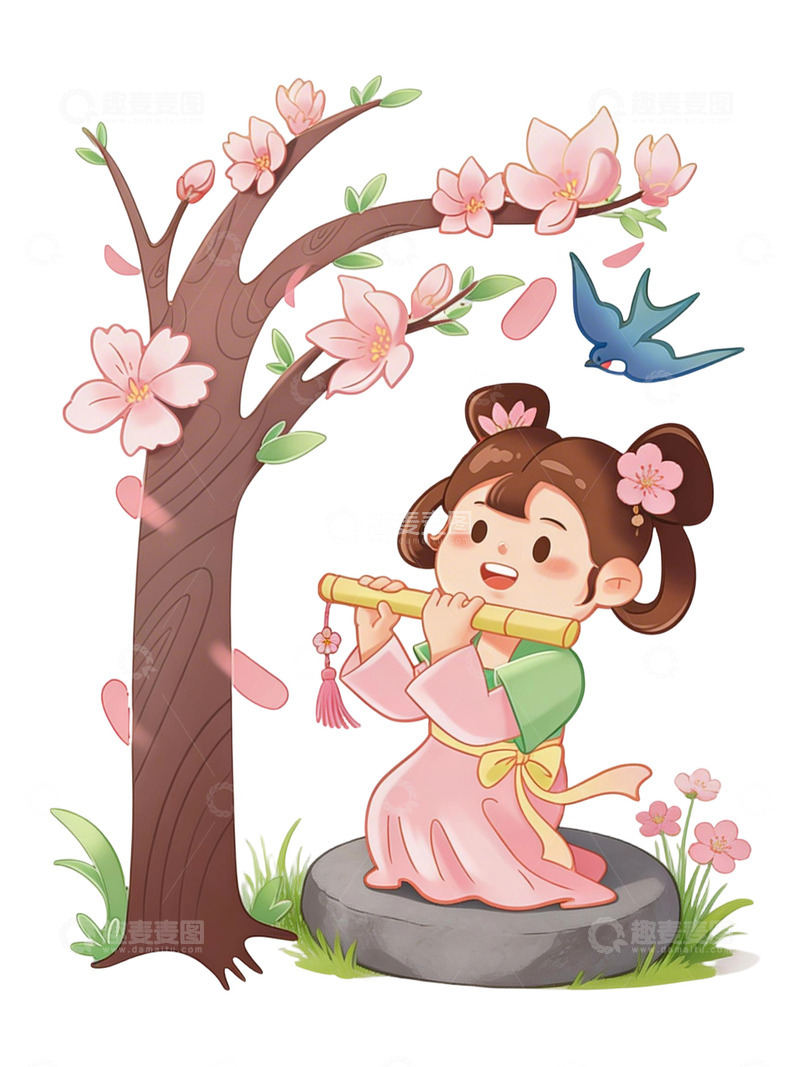 高清大图下载【趣麦麦图】卡通春日女孩吹笛赏花图插画免扣素材