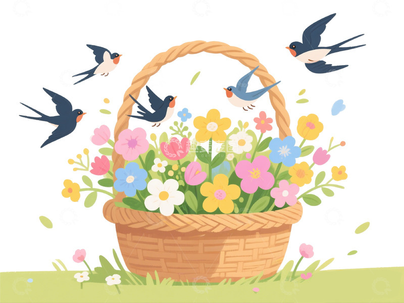 高清大图下载【趣麦麦图】春季花卉篮插画