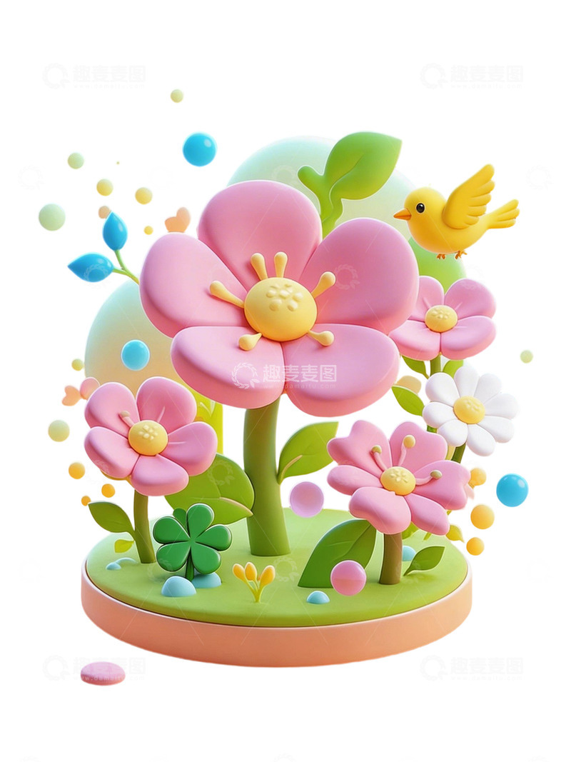 高清大图下载【趣麦麦图】卡通花朵小鸟场景插画免扣素材
