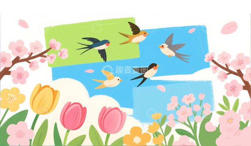 高清大图下载【趣麦麦图】春天燕子花卉插画