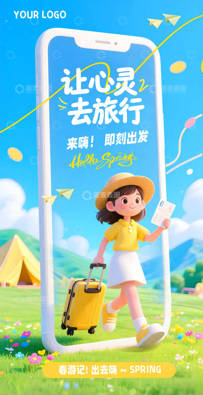 源文件下载【趣麦麦图】假期春日旅行海报插画卡通女孩手机框立体