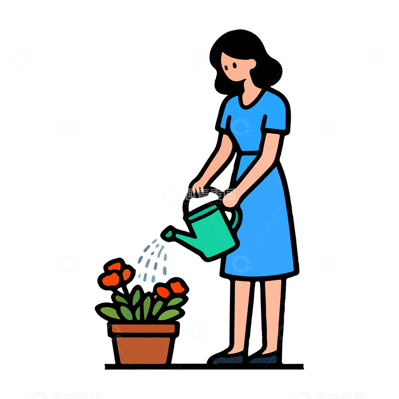 源文件下载【趣麦麦图】卡通女性浇花插画