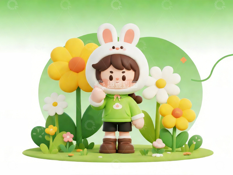 高清大图下载【趣麦麦图】卡通兔子女孩花朵场景