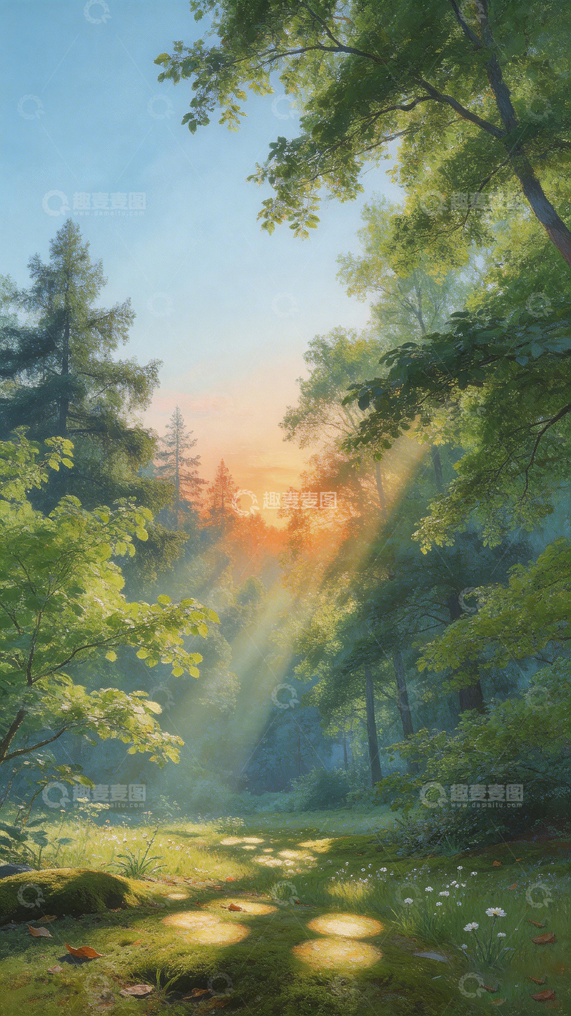 高清大图下载【趣麦麦图】森林晨光自然风景油画风格图片