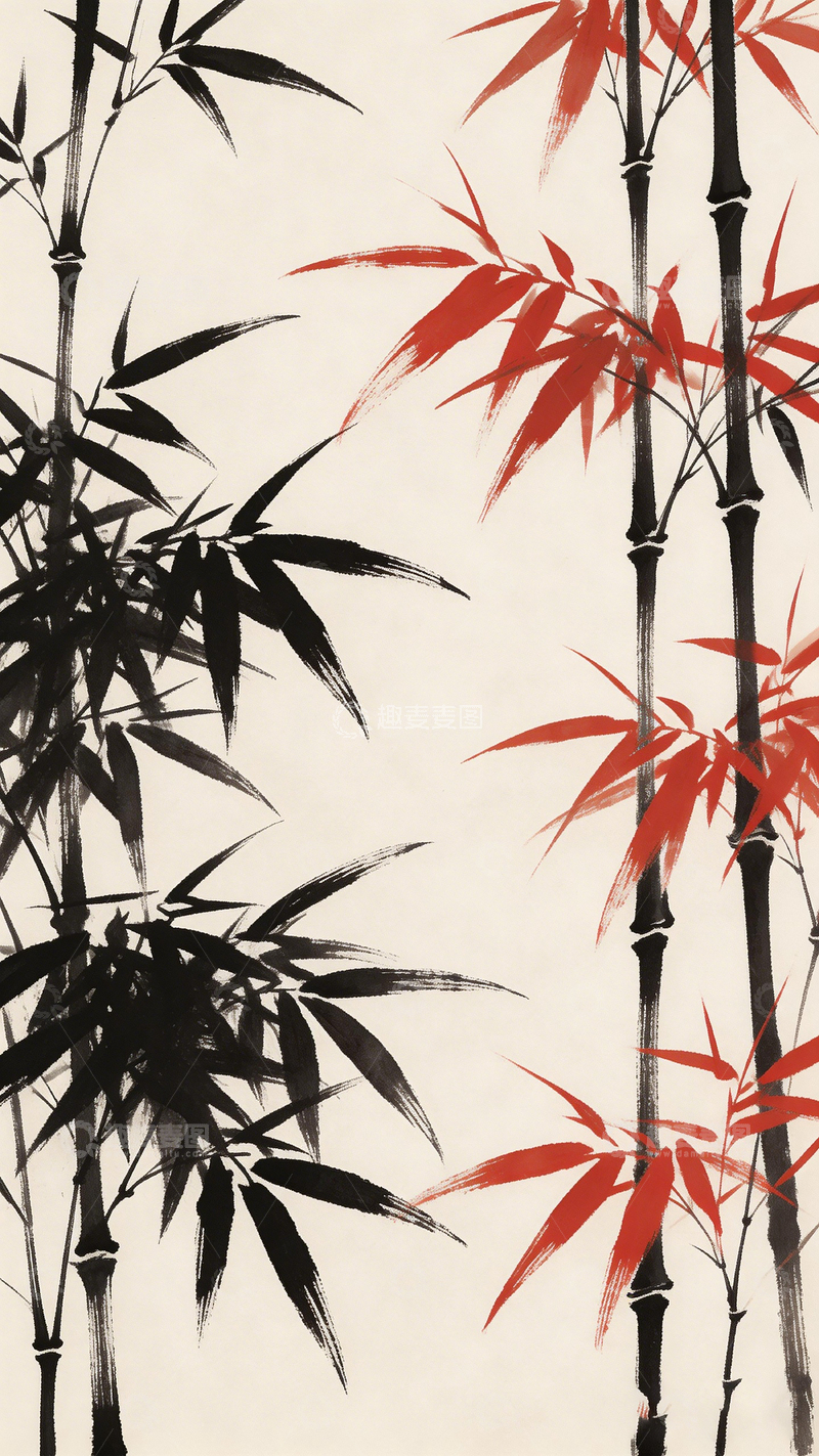 高清大图下载【趣麦麦图】水墨风竹叶红竹中国画