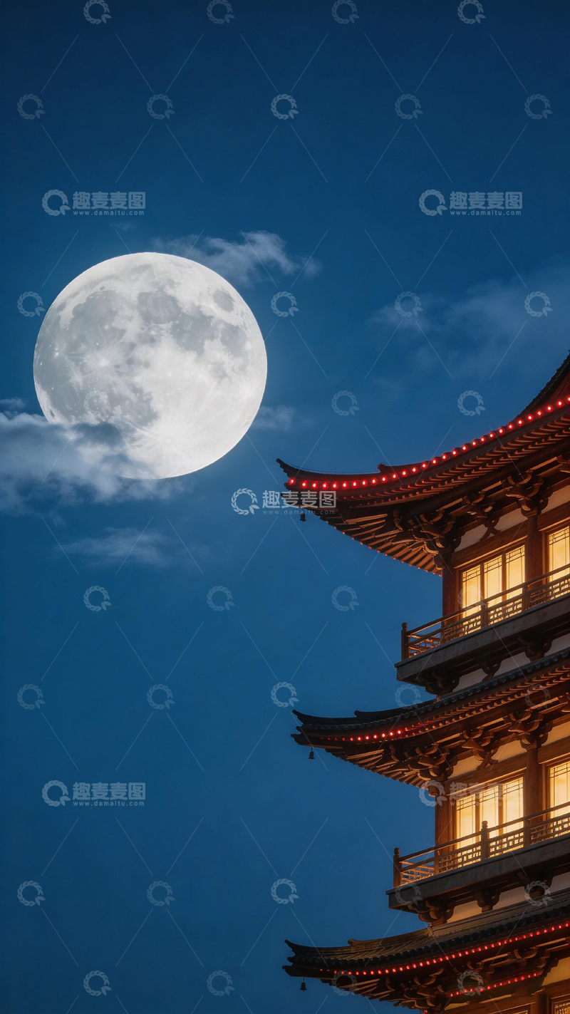 高清大图下载【趣麦麦图】古典建筑与明月夜景