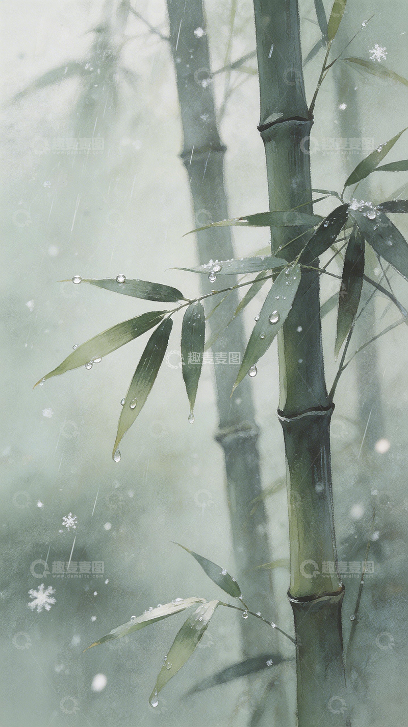 高清大图下载【趣麦麦图】雪中竹影水墨画