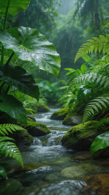 雨中溪流绿意浓