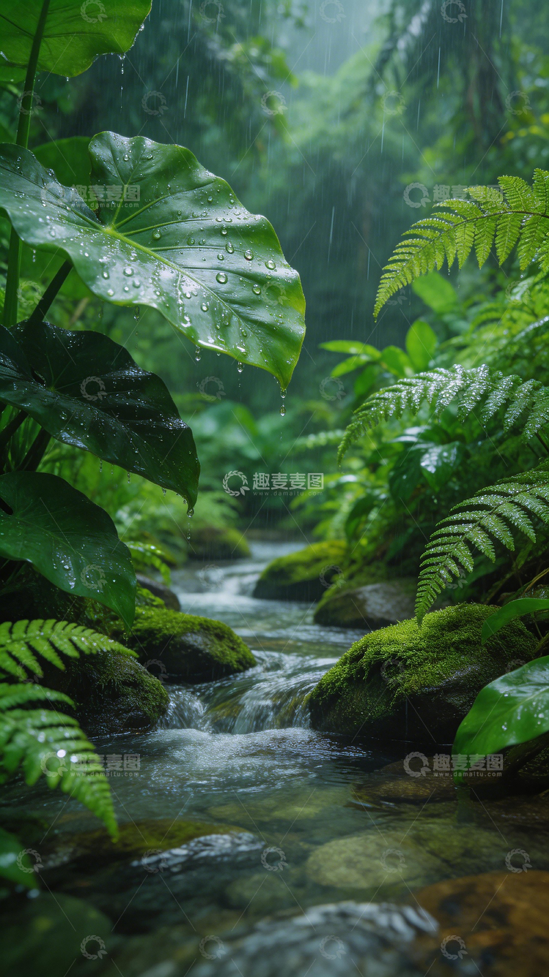 高清大图下载【趣麦麦图】雨中溪流绿意浓