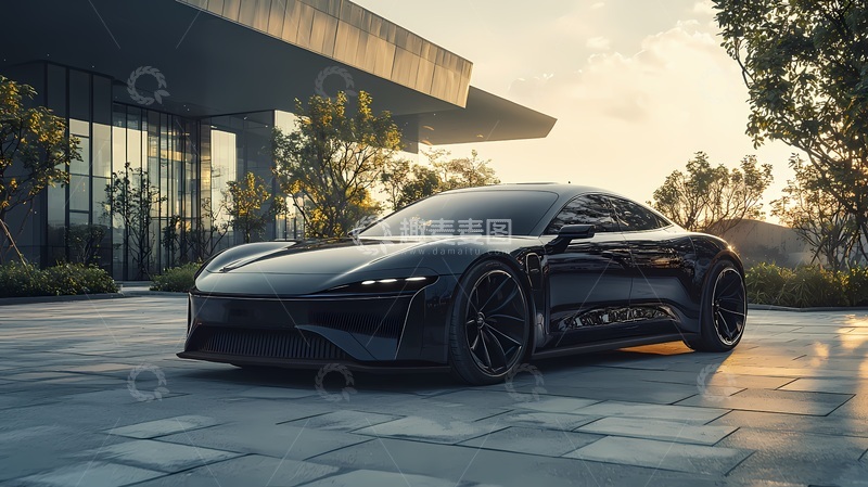 高清大图下载【趣麦麦图】黑轿跑车现代建筑背景