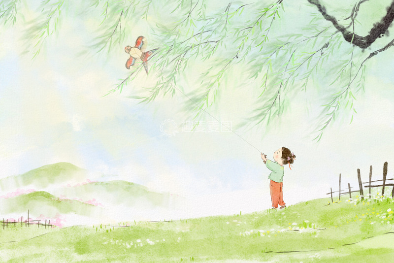 源文件下载【趣麦麦图】田园春景孩童放风筝图