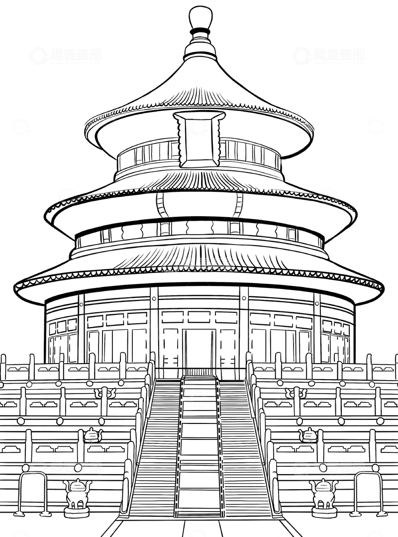 源文件下载【趣麦麦图】中国北京地标建筑故宫天坛古代建筑线稿