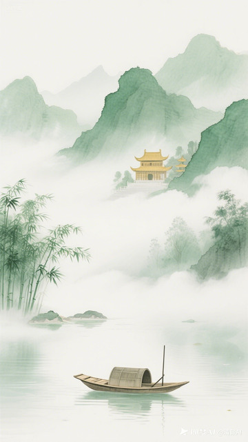 中式水彩渲染的山水孤舟古寺