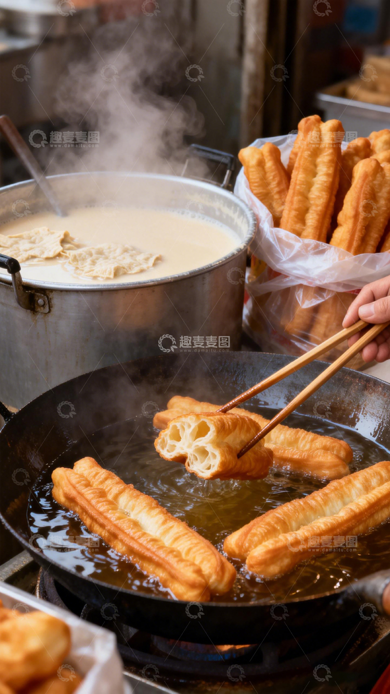 高清大图下载【趣麦麦图】街头小吃油炸油条制作场景
