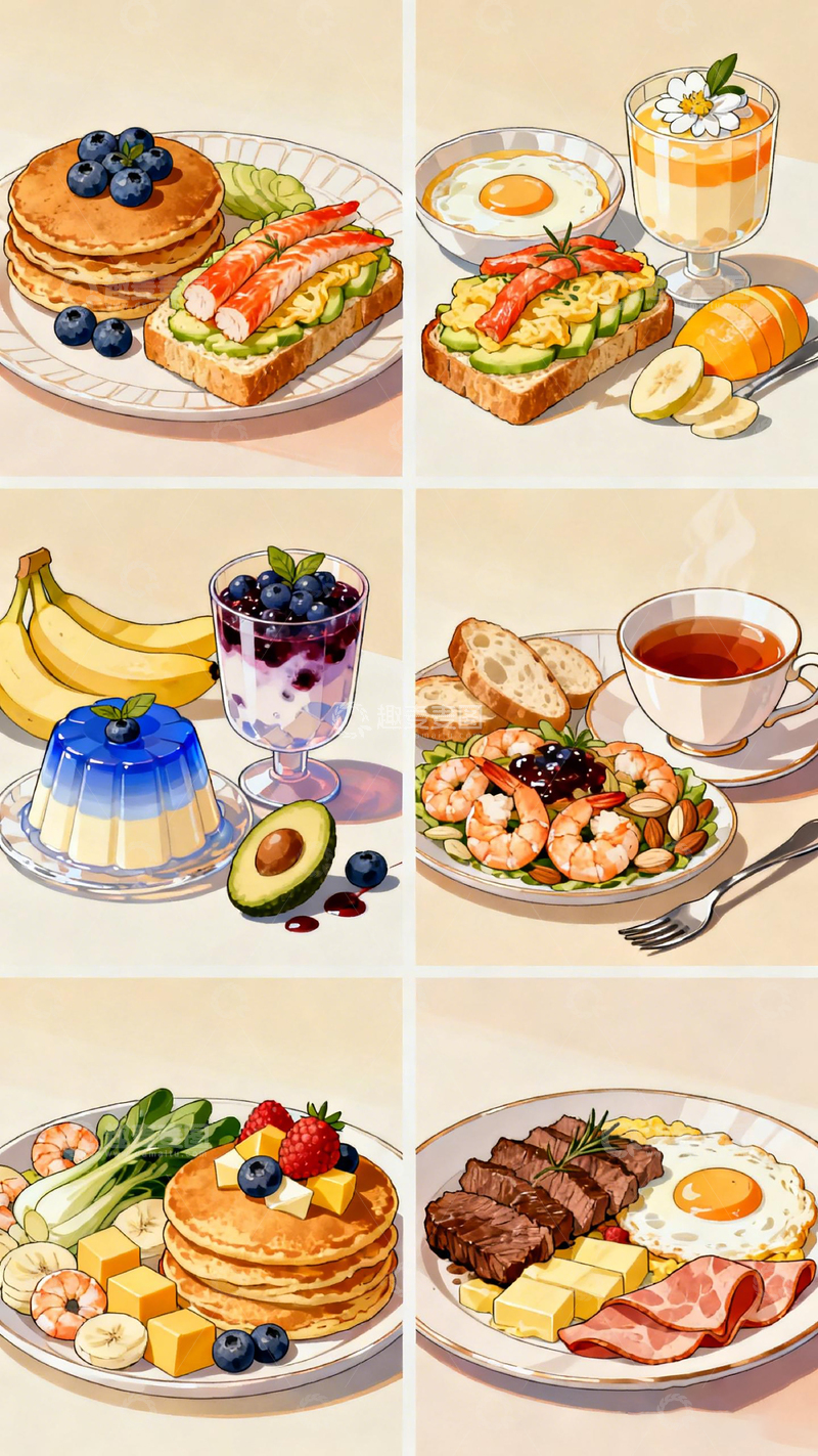 高清大图下载【趣麦麦图】水彩美食插画早餐组合设计素材