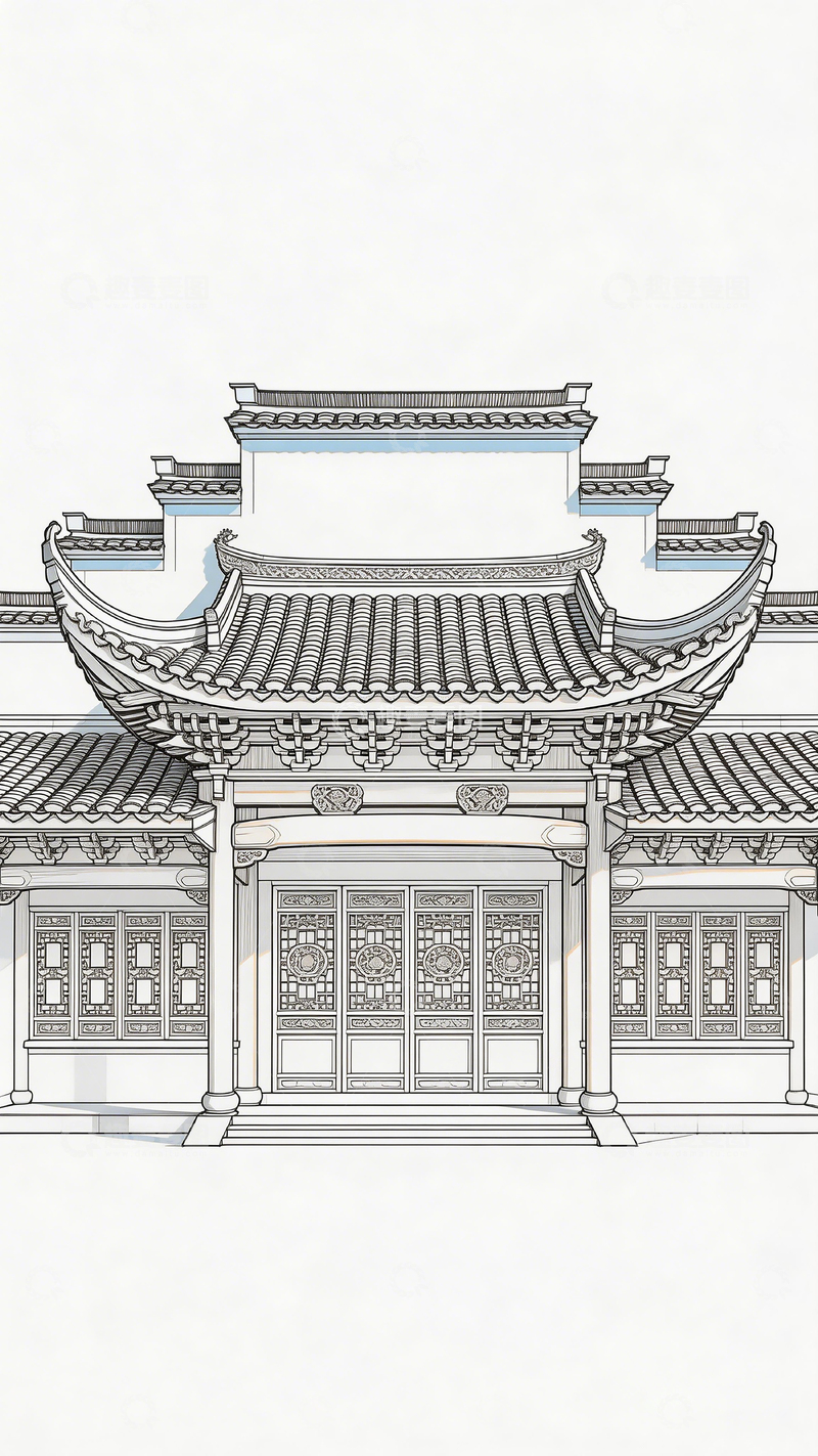高清大图下载【趣麦麦图】传统中式建筑线稿图