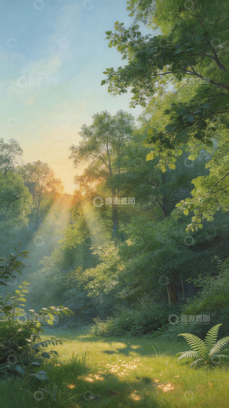 高清大图下载【趣麦麦图】森林晨曦风景油画