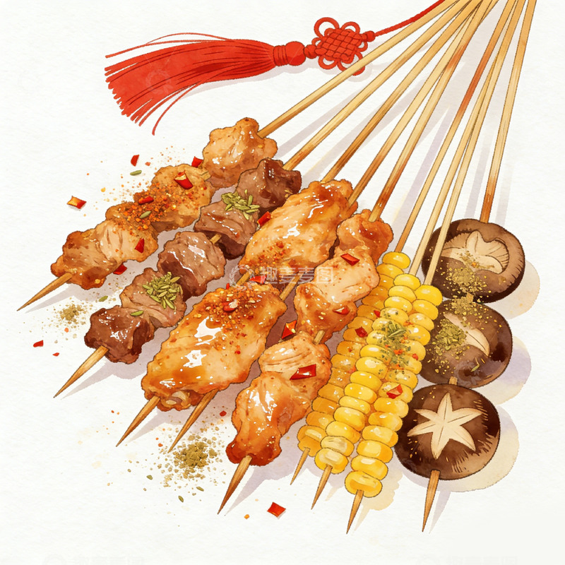 高清大图下载【趣麦麦图】水彩美食烤串插画