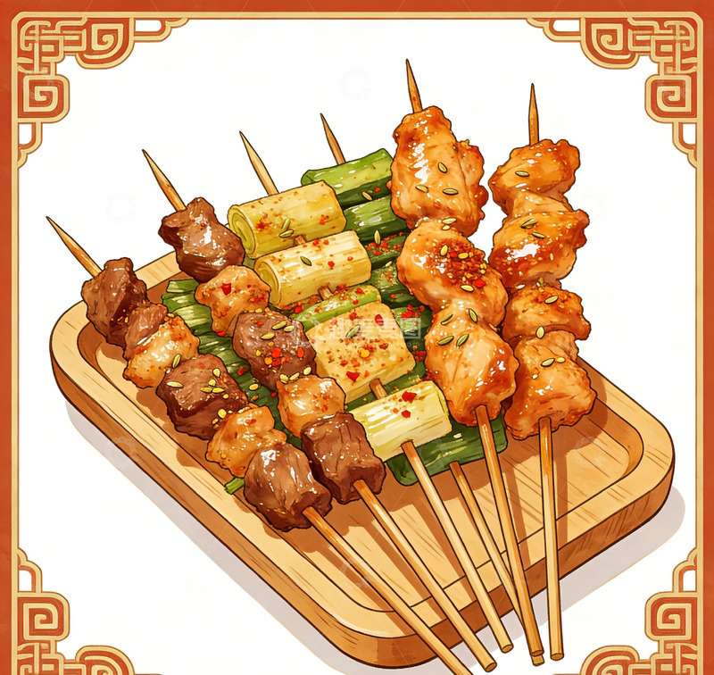 高清大图下载【趣麦麦图】美食插画烧烤串艺术风格