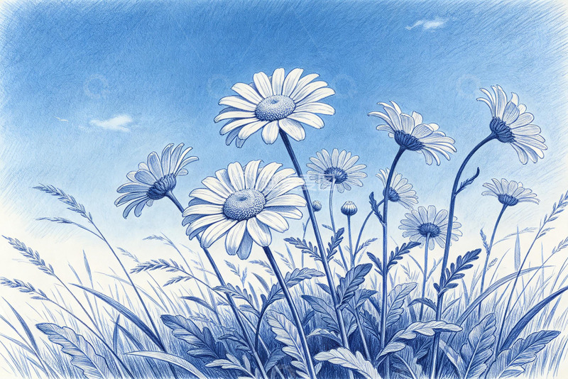 高清大图下载【趣麦麦图】蓝调雏菊草地水彩画