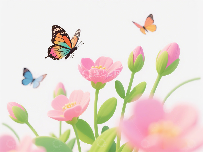 高清大图下载【趣麦麦图】蝴蝶与花朵卡通插画