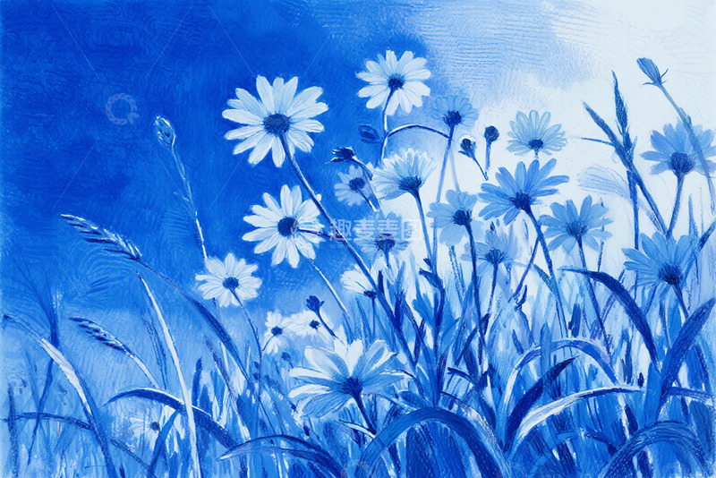 高清大图下载【趣麦麦图】蓝色调雏菊草地油画作品