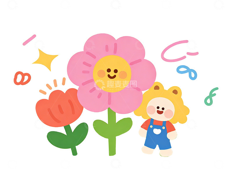 高清大图下载【趣麦麦图】卡通花卉小熊插画设计素材