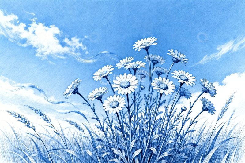 高清大图下载【趣麦麦图】蓝调雏菊风景水彩画