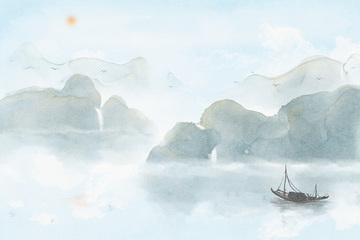 水墨山水帆船风景画