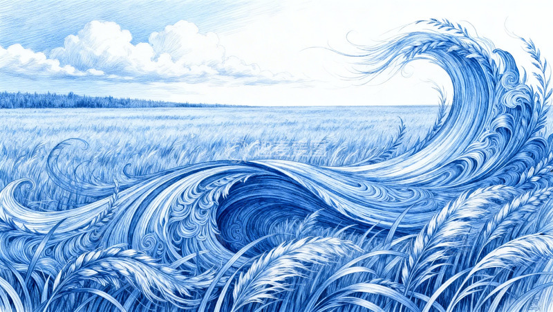 高清大图下载【趣麦麦图】蓝调海浪麦田艺术画作