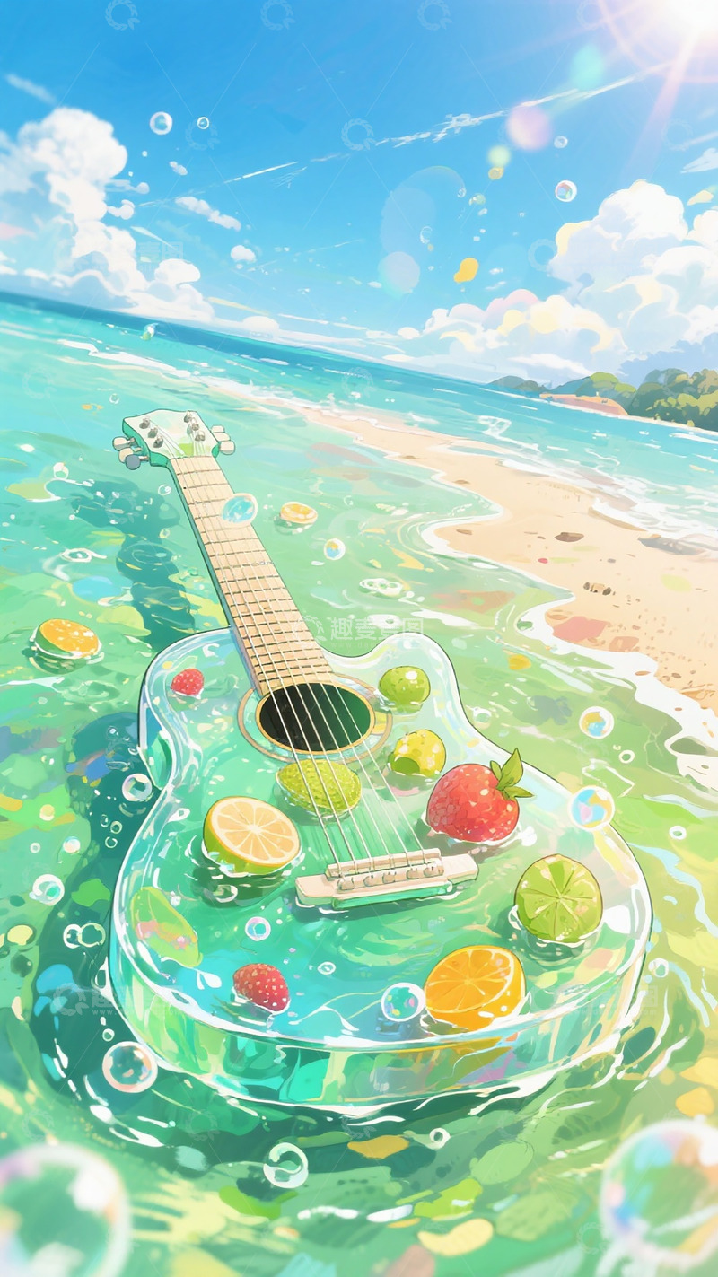 高清大图下载【趣麦麦图】夏日海滩吉他水果插画